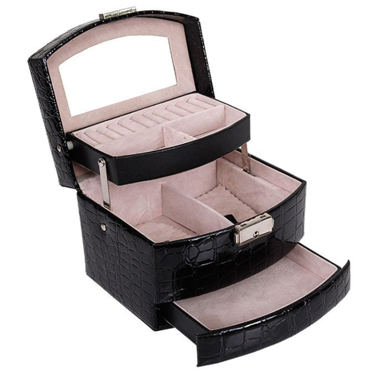 Black croc-texture jewelry case with hinged lid and multiple padded compartments