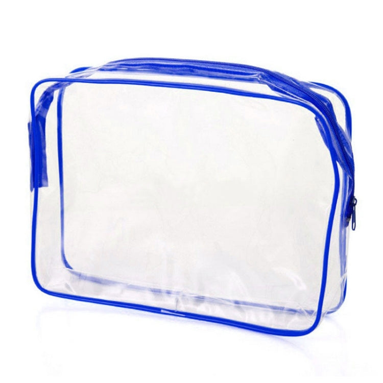 Clear PVC makeup storage bag with blue zipper and side handle, rectangular pouch