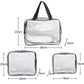 Set of clear PVC zip toiletry bags with black trim and handles, three pouch sizes