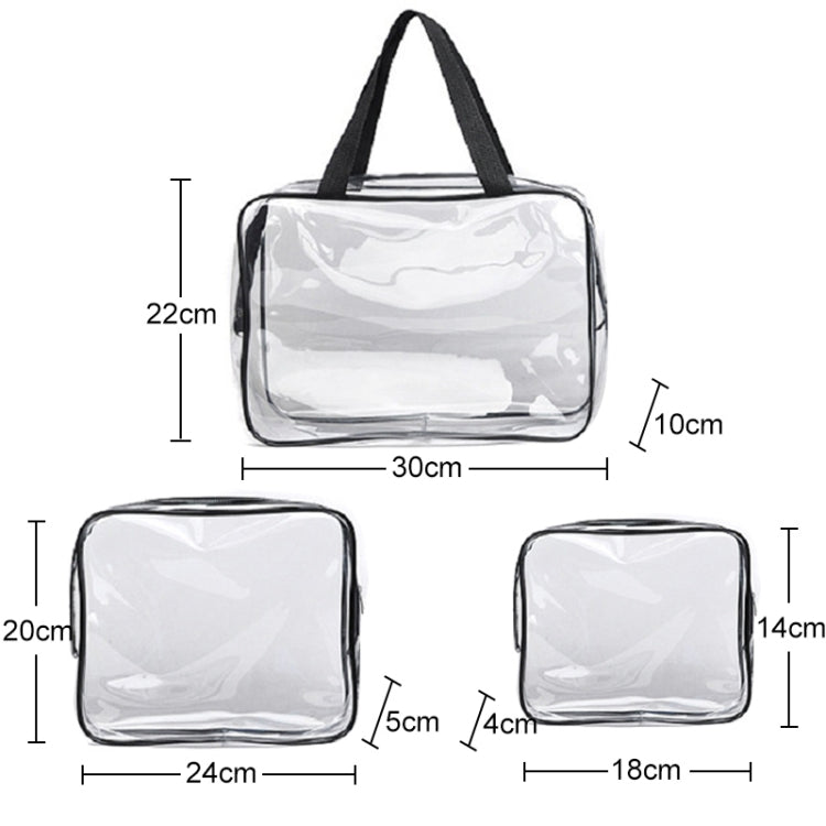 Set of clear PVC zip toiletry bags with black trim and handles, three pouch sizes