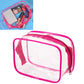 Clear PVC makeup bag with pink border, front zipper and carry handle, rectangular