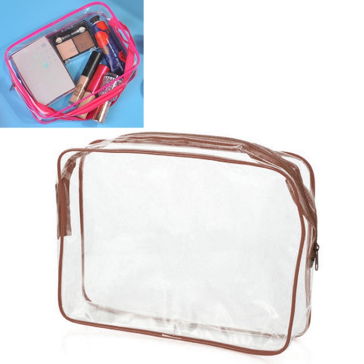 Clear PVC makeup storage bag with brown zipper trim and top handle, rectangular pouch
