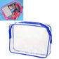 Clear PVC makeup storage bag with blue zipper trim and side handle, rectangular pouch