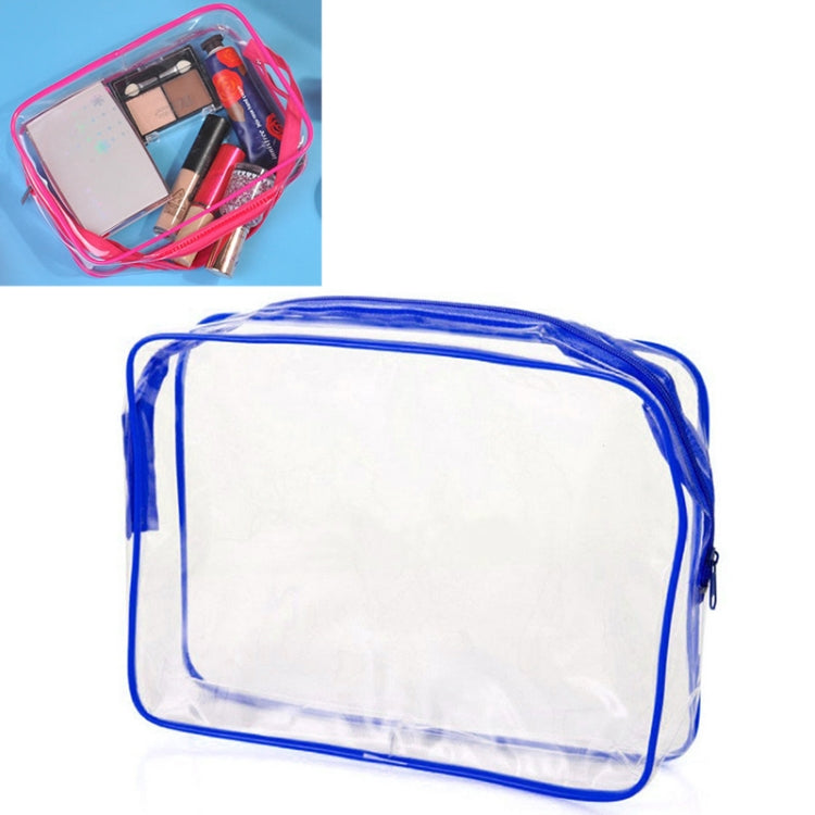 Clear PVC makeup storage bag with blue zipper trim and side handle, rectangular pouch