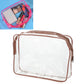 Transparent PVC makeup storage bag with brown zipper, brown trim, and clear front panel.