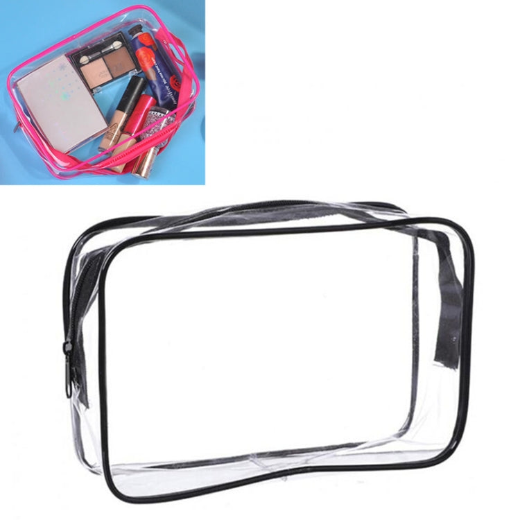 Transparent PVC makeup storage bag with black zipper and clear front, black carry handle.