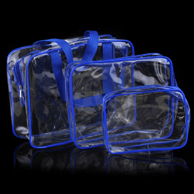Set of transparent PVC makeup storage bags with blue trim and zippers, stacked.