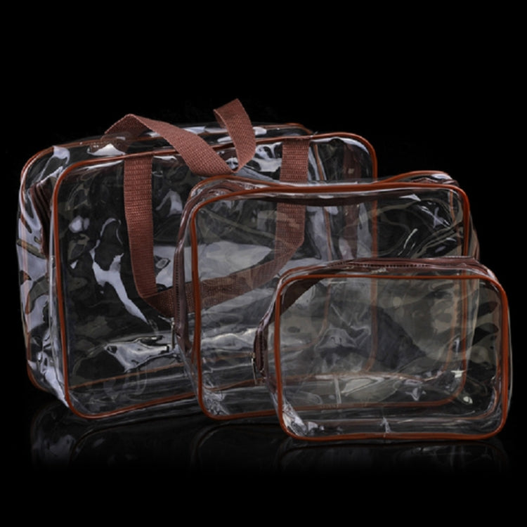 Transparent PVC travel makeup bag set, 3 zip pouches with brown trim and handles