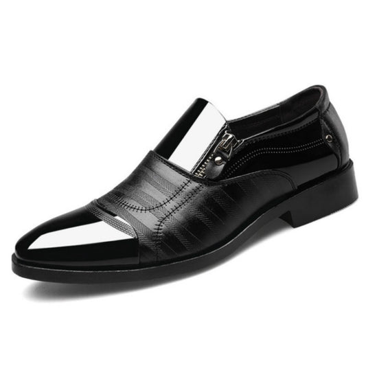 Black pointed-toe slip-on dress shoe with white instep panel and textured upper stripe.