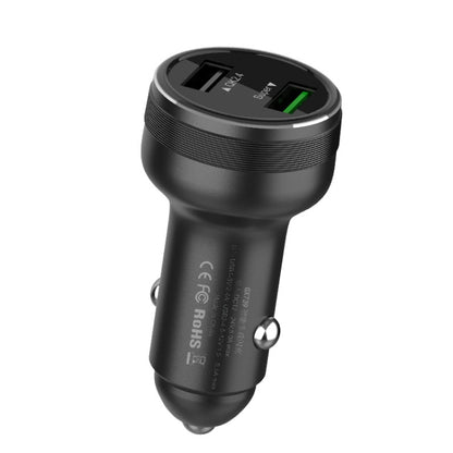 Black dual-USB car charger with LED power indicator and green-lit port