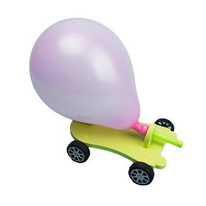 Balloon recoil car kit with lilac balloon and lime green body, black wheels