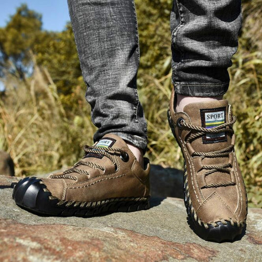 Khaki/brown lace-up casual leather shoes with rugged outsole worn outdoors