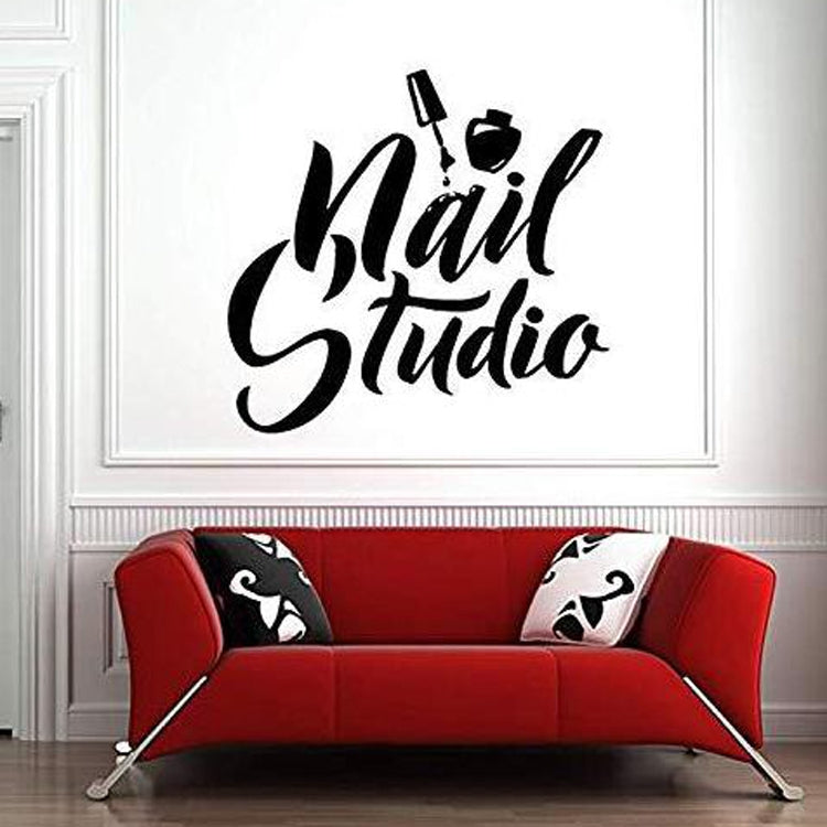 Nail-themed window PVC sticker with black 'Nail Studio' script and nail tool icons.