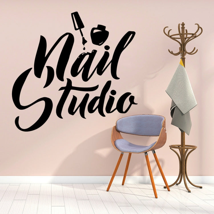 Black 'Nail Studio' wall decal with nail polish bottle and utensil icons.