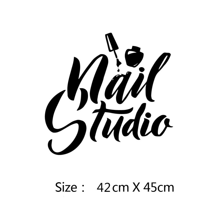 Black 'Nail Studio' sticker with nail tool icons; size 42 x 45 cm.