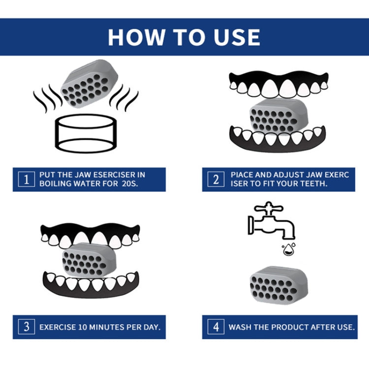 Silicone masseter ball jaw trainer with suction bump pads shown in use steps