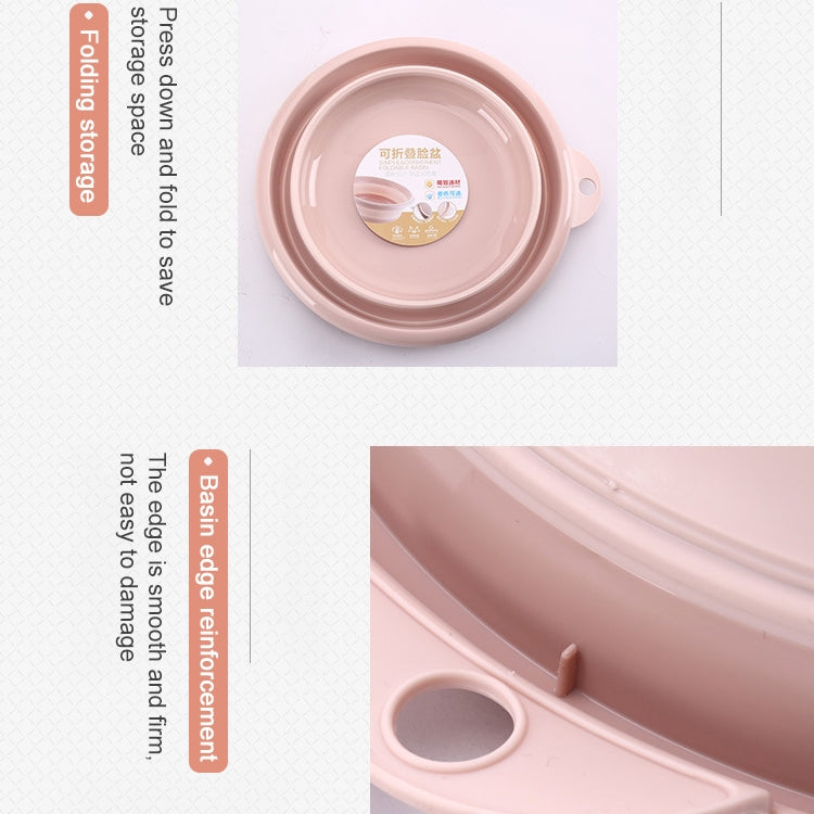 Pink folding washbasin, round collapsible tub with side handle and smooth rim.