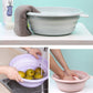 Folding washbasins in blue and pink colors, shown with towel and hands using the tub.