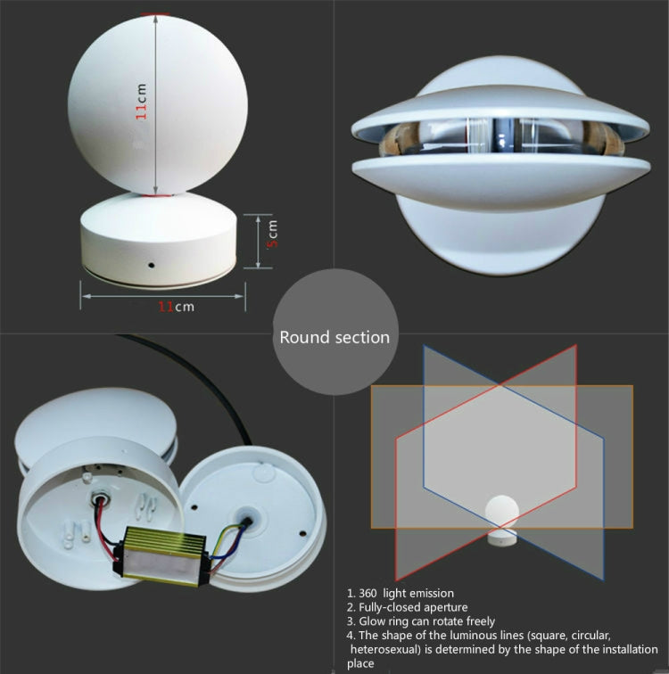 White LED semicircle wall spotlight diagram showing dimensions and round section