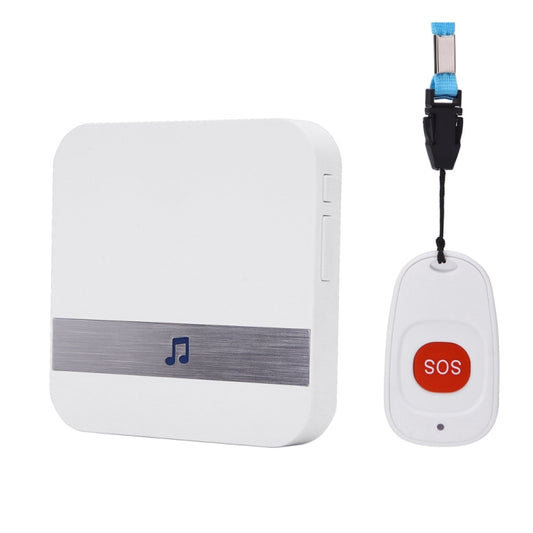 White wireless doorbell receiver with music strip and SOS key fob.