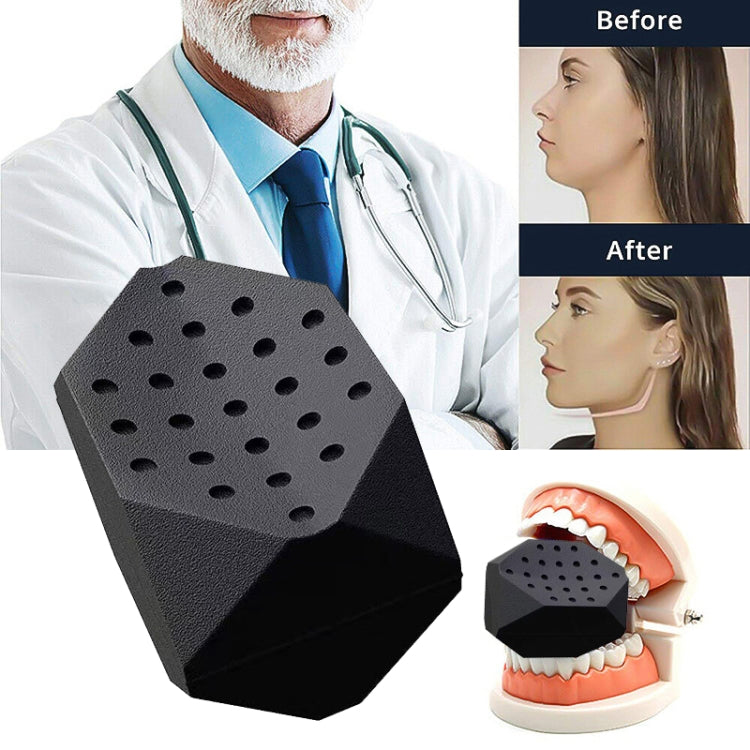 Black silicone masseter ball jaw exerciser, hexagonal dotted pad with mouth application