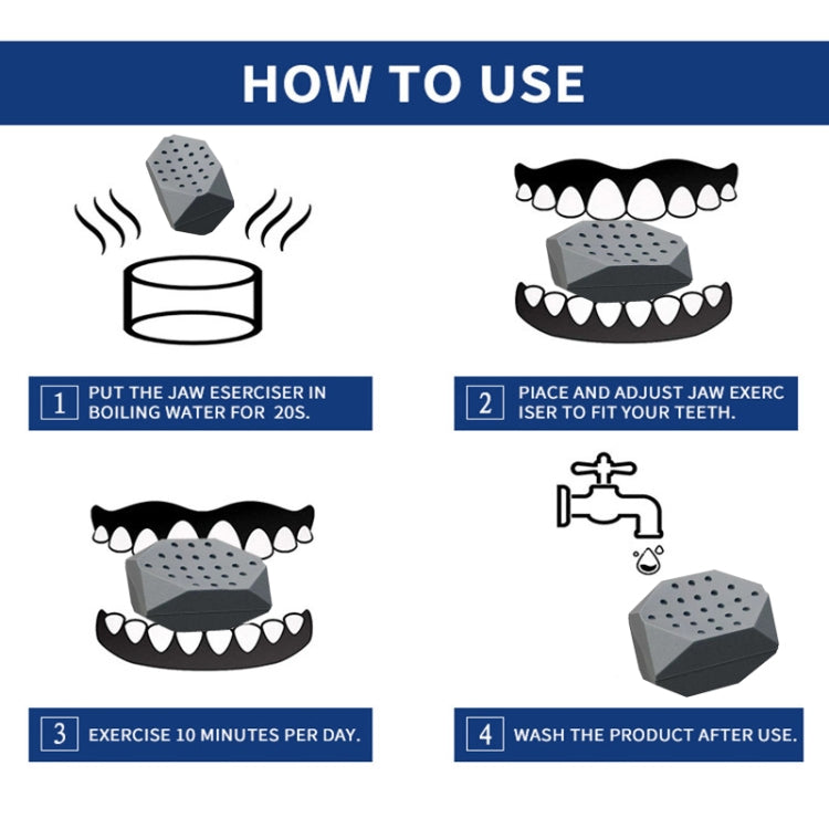 Black silicone masseter ball jaw exerciser, hexagonal dotted pad shown in use steps