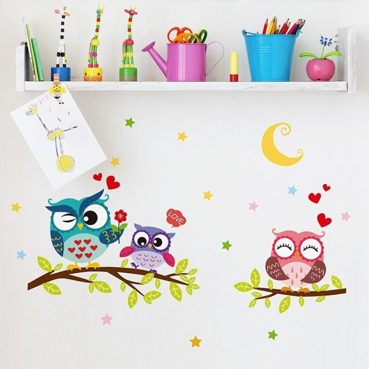 Kids wall sticker set sheets with owl decals, moon, stars, and hearts