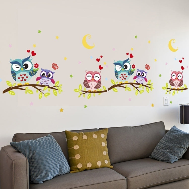 Kids wall sticker set: three owl decals with moon, stars, and hearts
