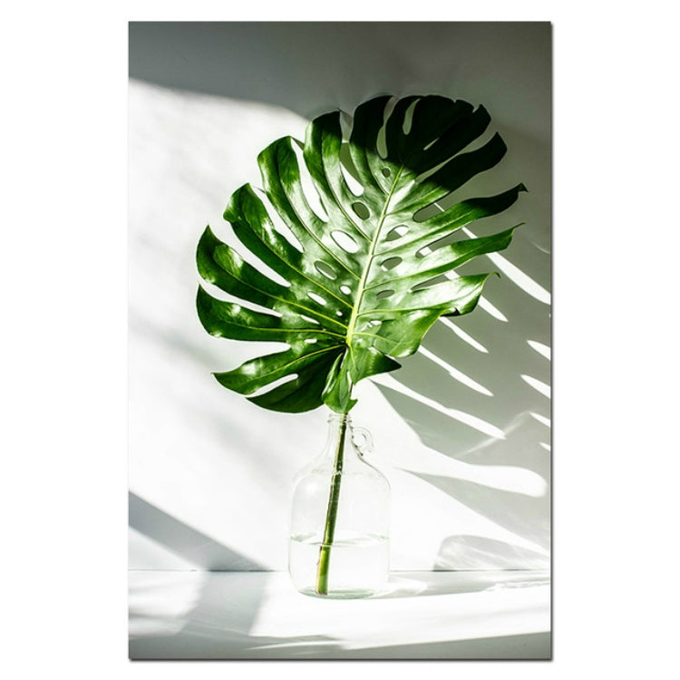 Vertical monstera leaf wall poster, bright green foliage on light background