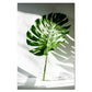 Tropical monstera leaf wall poster print with leaf stem in clear glass vase