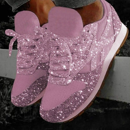 Women's pink sequin platform sports shoes with lace-up front and chunky cushioned sole