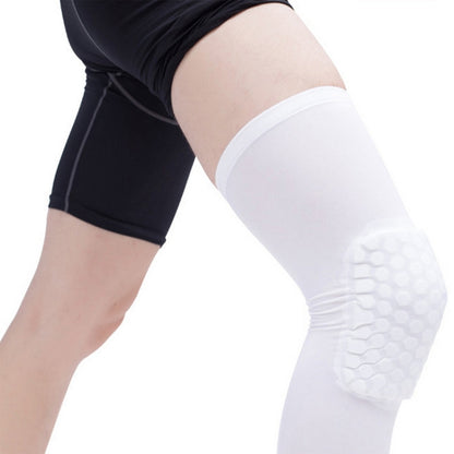 White long knee pad sleeve with raised honeycomb impact guard and elastic cuff