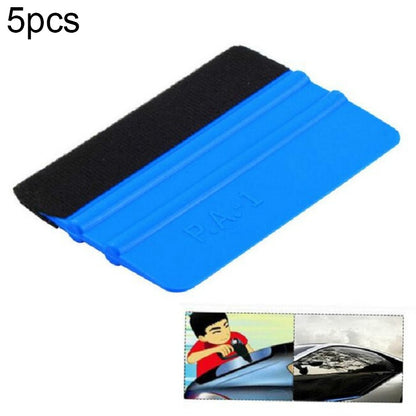 Blue plastic felt scraper tool with black felt edge, angled handheld cleaning scraper