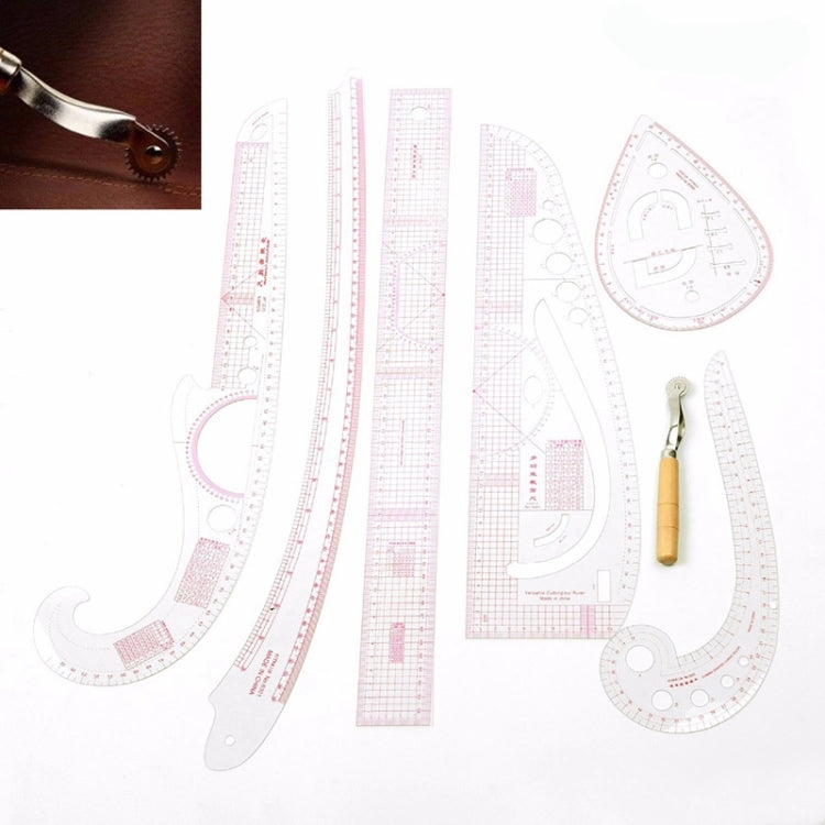 Sewing ruler measuring tool set with curved transparent metric rulers and wooden seam ripper