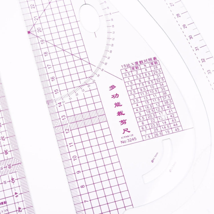 Close-up sewing ruler with grid markings and printed math chart text