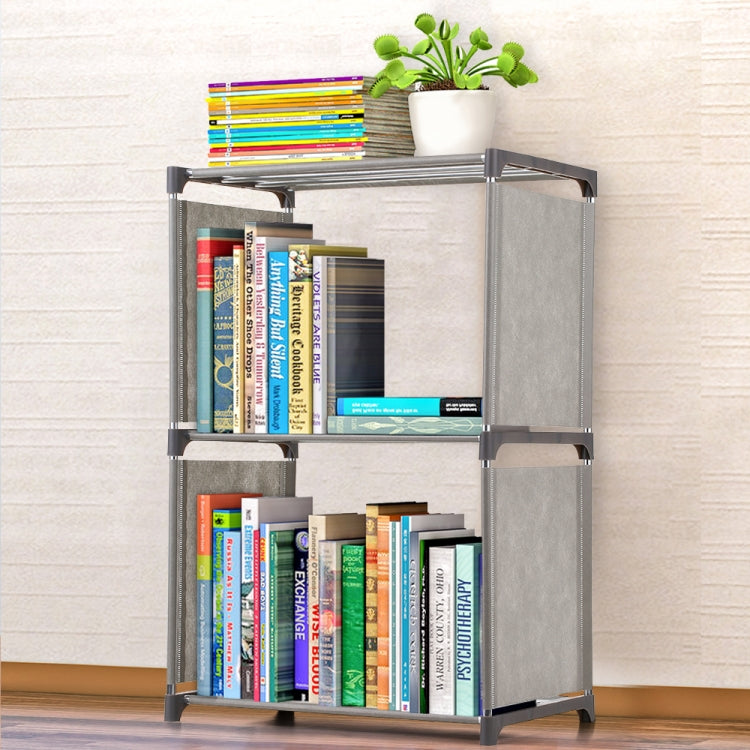 Gray multi-shelf book storage rack with open cubbies and side panel supports