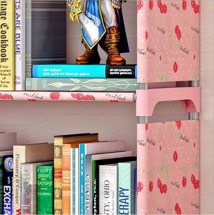 Gray book rack shelf with pink fabric divider and book storage compartments