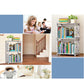 Gray plastic book storage rack with top planter and three open shelves