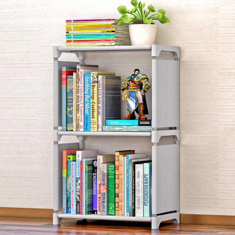 Gray plastic book storage rack with three open shelves and front side panels