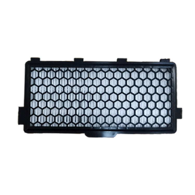 Black rectangular vacuum cleaner filter with hex honeycomb mesh and securing clips