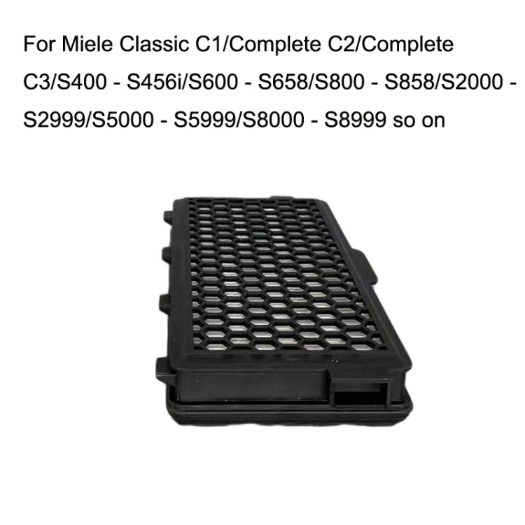 Black rectangular vacuum cleaner filter with honeycomb mesh and side tabs
