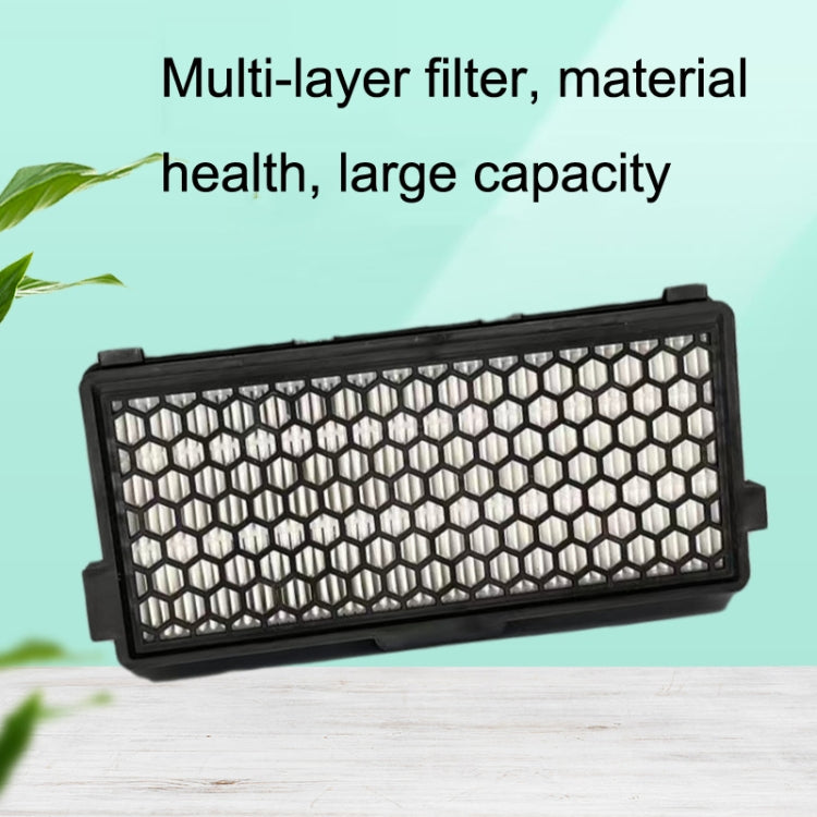 Black vacuum cleaner filter with honeycomb mesh panel and plastic frame