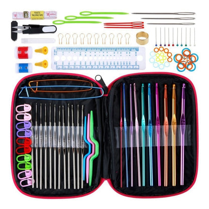 Crochet and knitting tool set in zip pouch with colored needles and accessories
