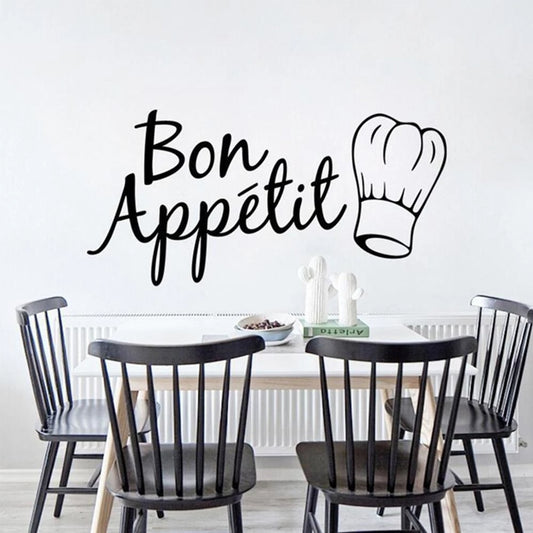 Kitchen wall sticker with 'Bon Appetit' text and chef hat icon in black