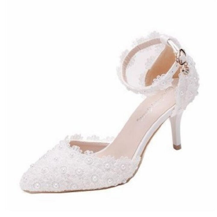 Women's white lace pointed heels with pearl ankle strap and slim high heel