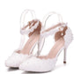 Women's lace pointed heels with pearl details and ankle strap, white, side-angled