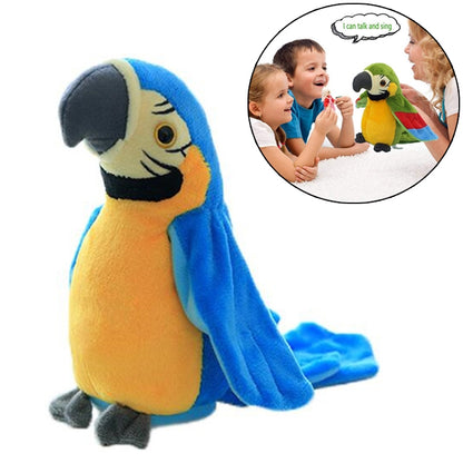 Blue and yellow plush talking parrot toy with soft wings and beak detail.