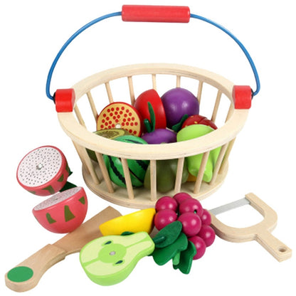 Wooden magnetic cut fruit basket with blue handle and assorted colorful fruit pieces