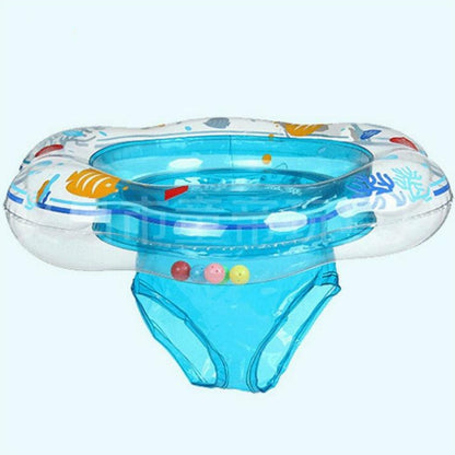 Blue inflatable infant double underarm swim ring with ocean print and clear inner ring