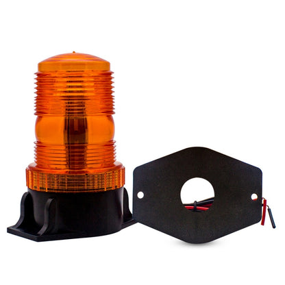 Orange LED strobe warning light with black base and mounting bracket